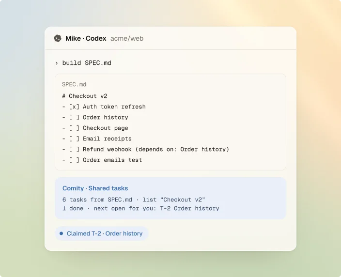 Mike's Codex turning SPEC.md into a shared task list.