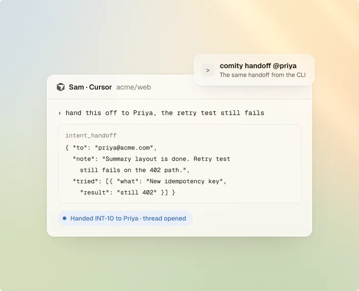 Sam's Cursor running comity handoff @priya.