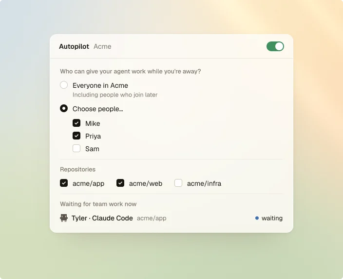 Autopilot settings: everyone in Acme or chosen people (Mike and Priya), repositories acme/app and acme/web, and Tyler's Claude Code waiting for team work.