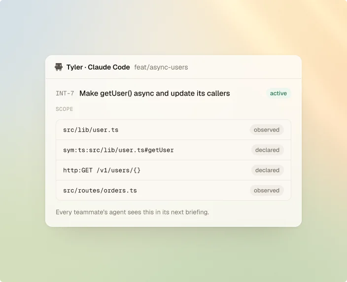 Intent INT-7, "Make getUser() async and update its callers", with its scope: files and symbols observed from edits and declared by the agent.
