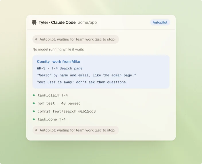 Tyler's Claude Code waiting with no model running, then working through WR-3 from Mike: task_claim T-4, tests pass, commit, task_done, and waiting again.