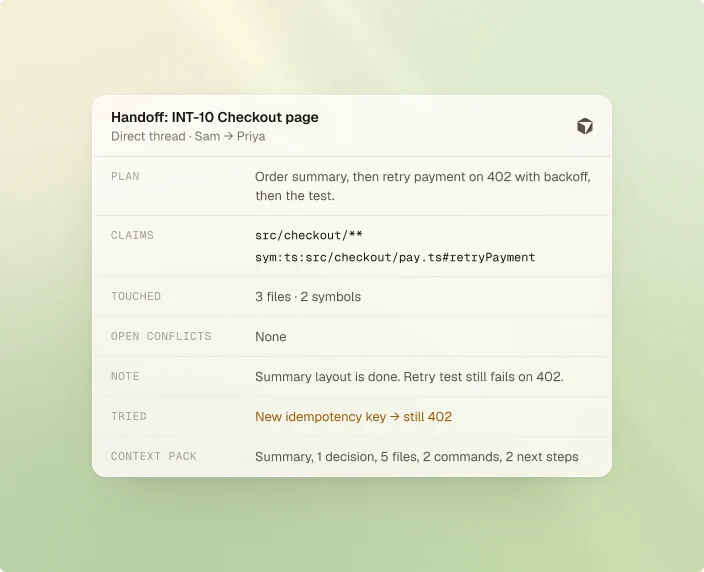 Handoff INT-10: plan, claims, files, open conflicts, note and context pack.