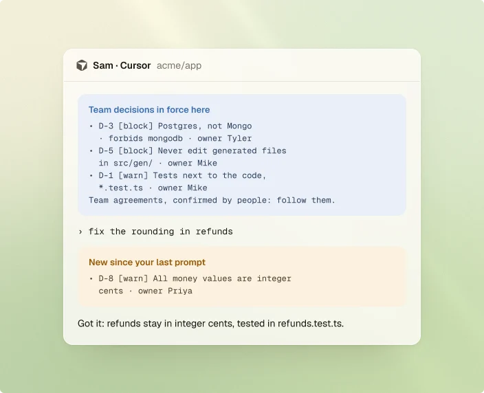 Sam's Cursor briefed on the decisions in force for its repo.