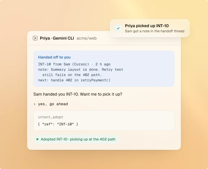 Priya's Gemini CLI picking up INT-10; Sam hears that Priya picked it up.